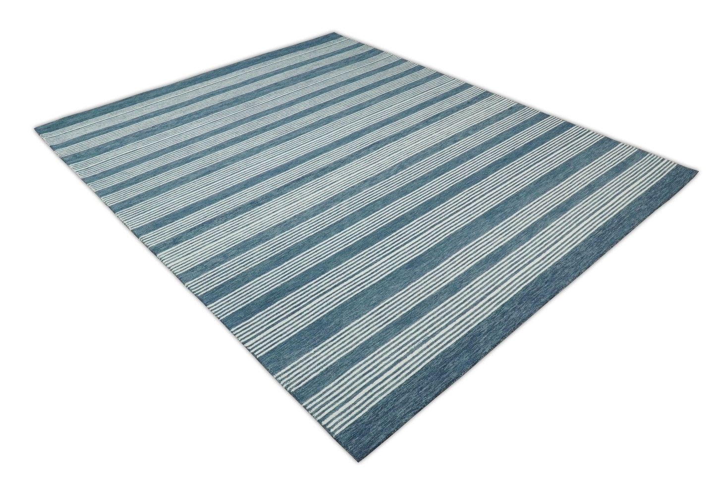 5x8 and 8x10 Hand Made Woolen Modern Stripes White and Blue Area Rug | NAU002 - Nuvé