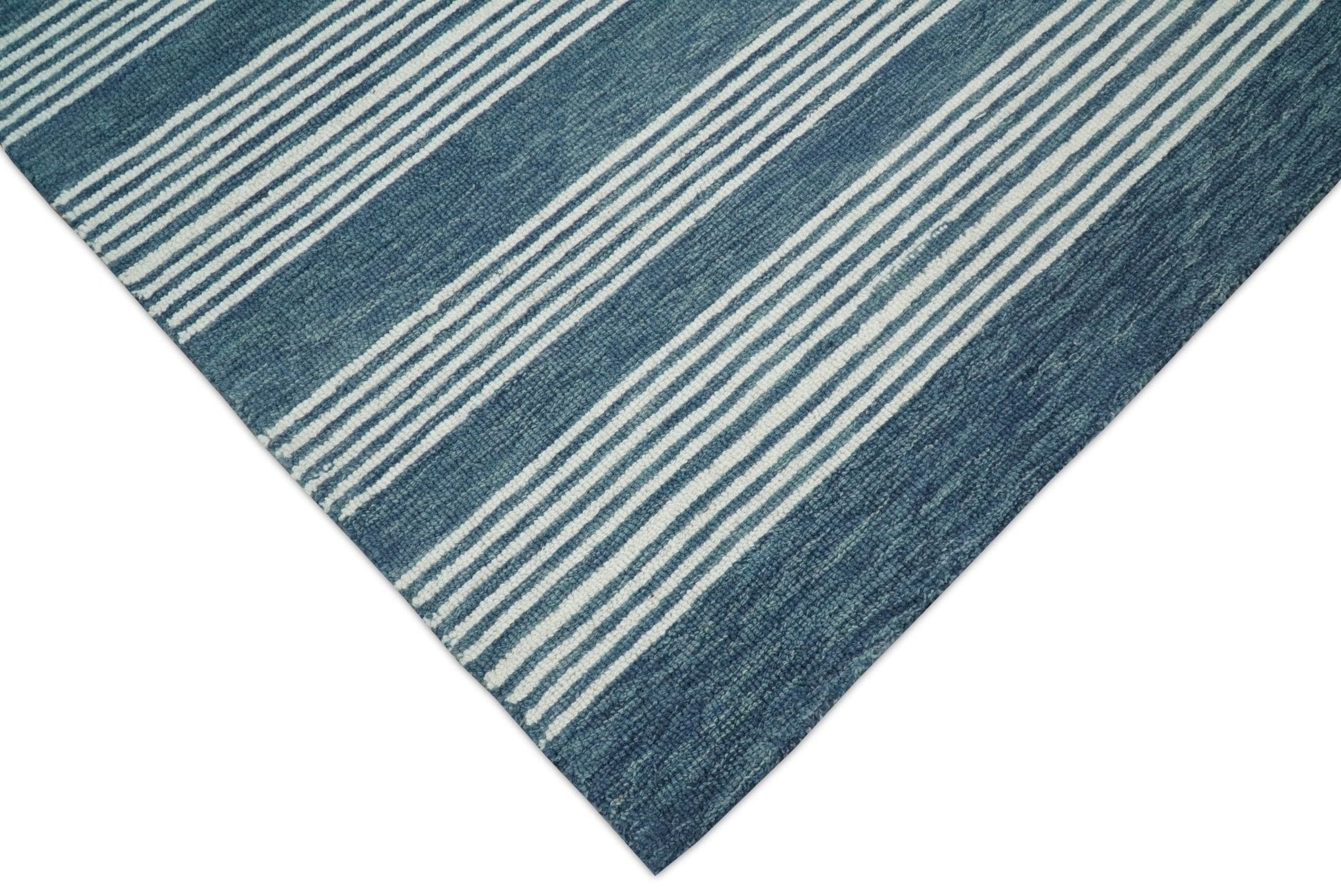5x8 and 8x10 Hand Made Woolen Modern Stripes White and Blue Area Rug | NAU002 - Nuvé