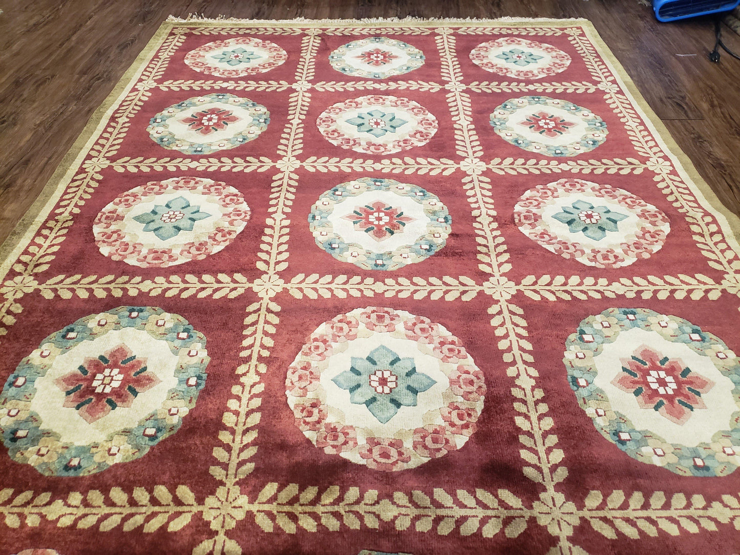 Nepalese Aubusson Panel Rug 6x9, Red & Ivory Soft Plush Tibetan Pile Rug, Wool Hand-Knotted Carpet, 6 x 9 Elegant Area Rug, Office Room Rug - Nuvé