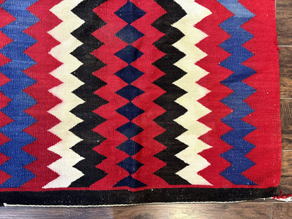 Antique Navajo Rug 3.7 x 2.8, Red Ivory Blue, Zig Zag Pattern, Handmade, Wool - Nuvé