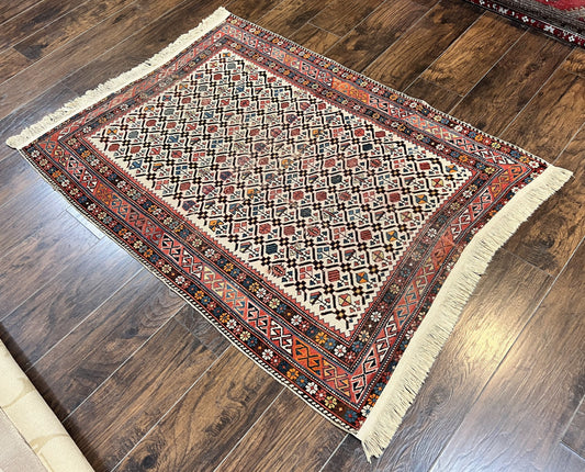 Antique Caucasian Rug 4x5, Hand Knotted Handmade Shirvan Oriental Carpet, Ivory Red Rug Allover Pattern, Rare Wool Rug, Tribal Geometric Rug