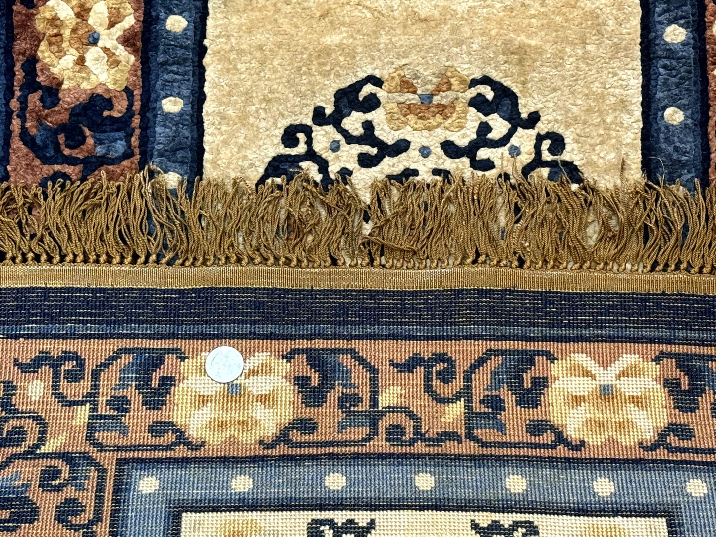 Silk Chinese Rug 2x4, Peking Carpet, Golden-Beige and Blue, Hand Knotted, Simple Design - Nuvé