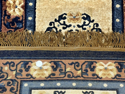 Silk Chinese Rug 2x4, Peking Carpet, Golden-Beige and Blue, Hand Knotted, Simple Design - Nuvé