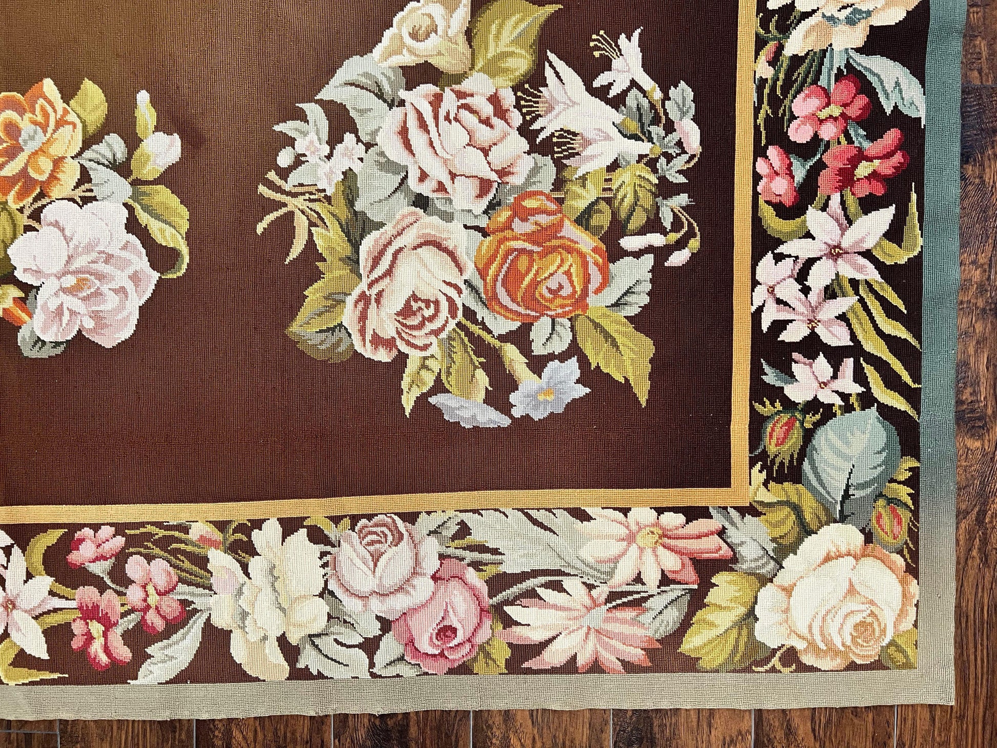 Vintage Needlepoint Rug 9x12, Large Handmade Hand-woven Needlepoint Carpet, Brown Area Rug, Floral Bouquets, Wool Rug, European Design - Nuvé