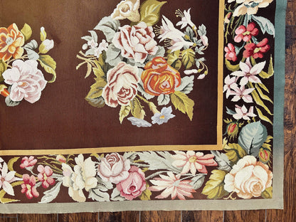 Vintage Needlepoint Rug 9x12, Large Handmade Hand-woven Needlepoint Carpet, Brown Area Rug, Floral Bouquets, Wool Rug, European Design - Nuvé