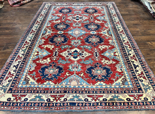 Turkish Heriz Rug 7x10, Wool Hand Knotted Handmade Room Sized Oriental Carpet, Red & Ivory, Vintage Geometric Oriental Rug 7 x 10 ft - Nuvé