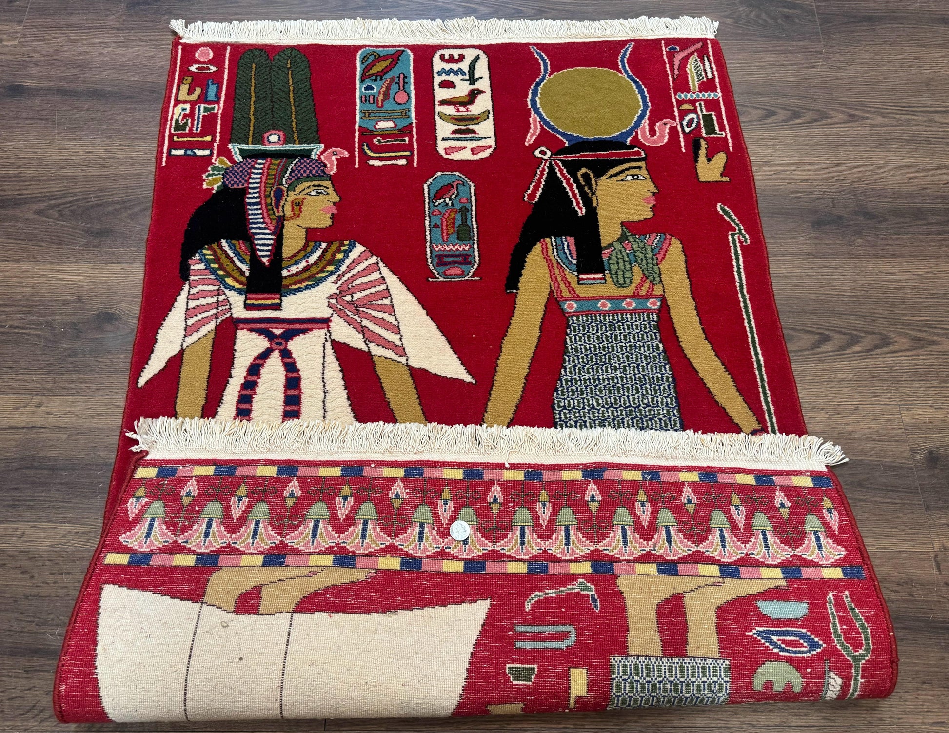 Egyptian Pictorial Rug 3x4, Hieroglyphic Pictorial Rug, Egyptian Prince and Princess, Cleopatra, Vintage Handmade, Red - Nuvé