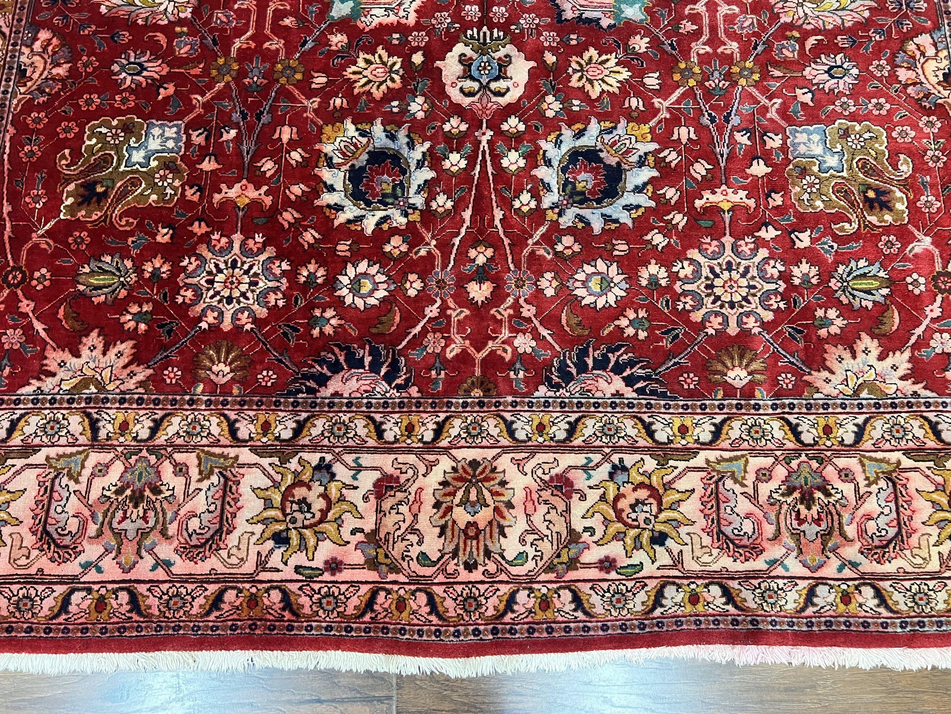 Persian Tabriz Rug 10x12, Floral Allover, Handmade Vintage Wool Carpet, Red and Cream - Nuvé
