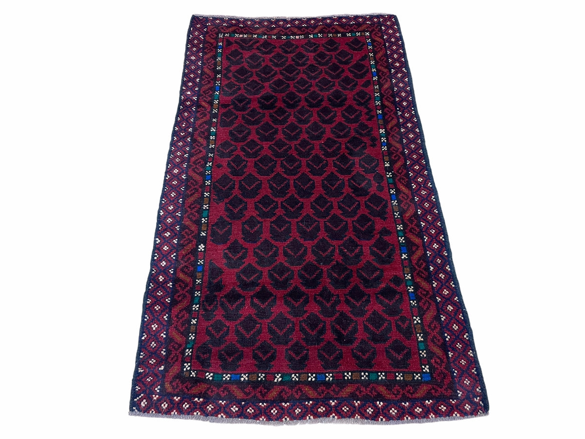 2' 8" X 4' 6" Vintage Handmade Tribal Wool Rug Balouchi Rug Afghan Rug Red Blue