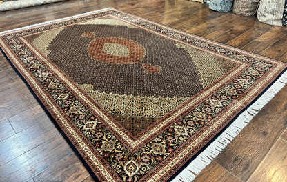Persian Tabriz Rug 7x10, Very Fine 330 KPSI 50 Raj, Black and Beige, Handmade Wool Vintage Persian Carpet - Nuvé