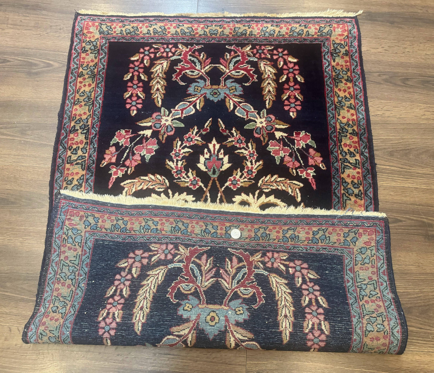Antique Persian Kerman Rug 2.8 x 4, Navy Blue, Floral