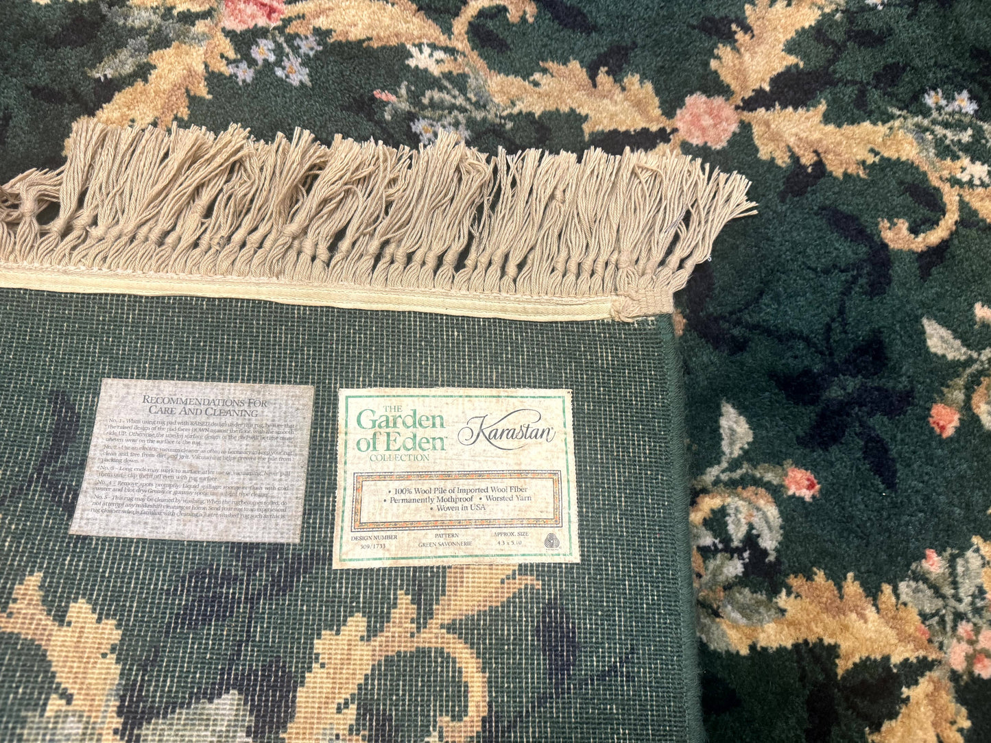 Karastan Garden of Eden Rug 4x6, Green Savonnerie 509/1733, Original Discontinued Vintage Karastan Carpet - Nuvé