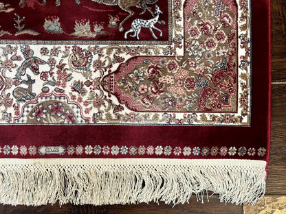 Dark Red Turkish Silk Rug 2.6 x 4, Hunting Design Scene, Bamboo Silk