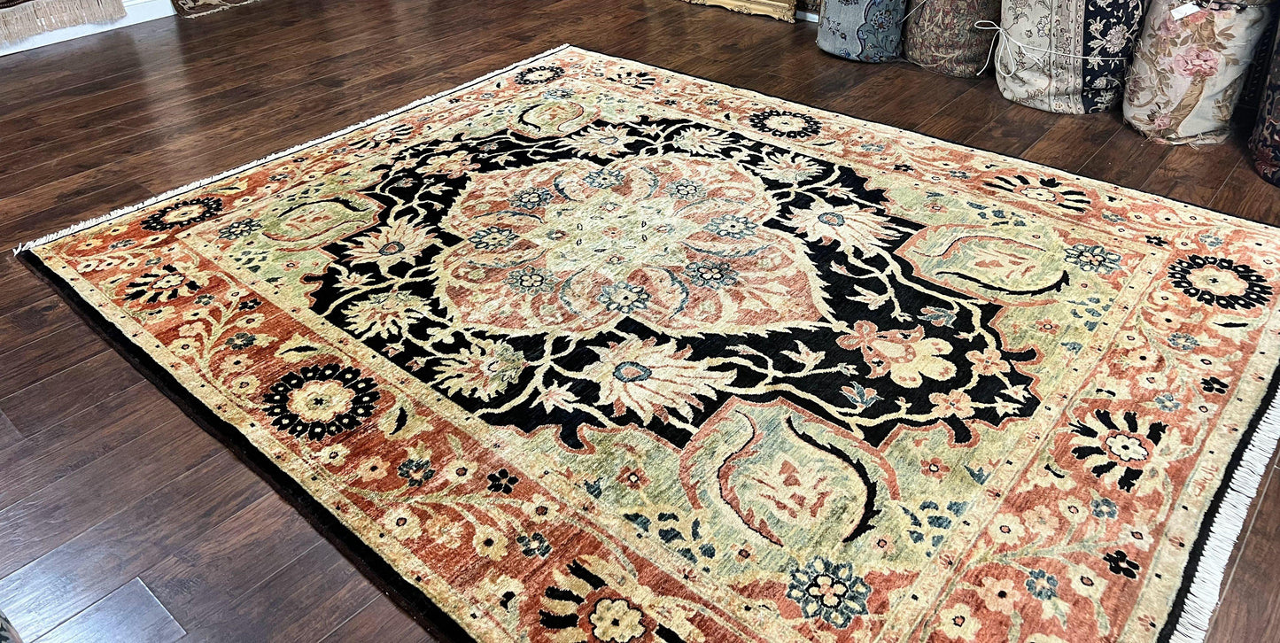 Pak Persian Rug 8x10, Pakistani Mahal Sultanabad Carpet, Signature from Master Weaver, Shiny Wool, Black Red Vintage Handmade Medallion Rug - Nuvé