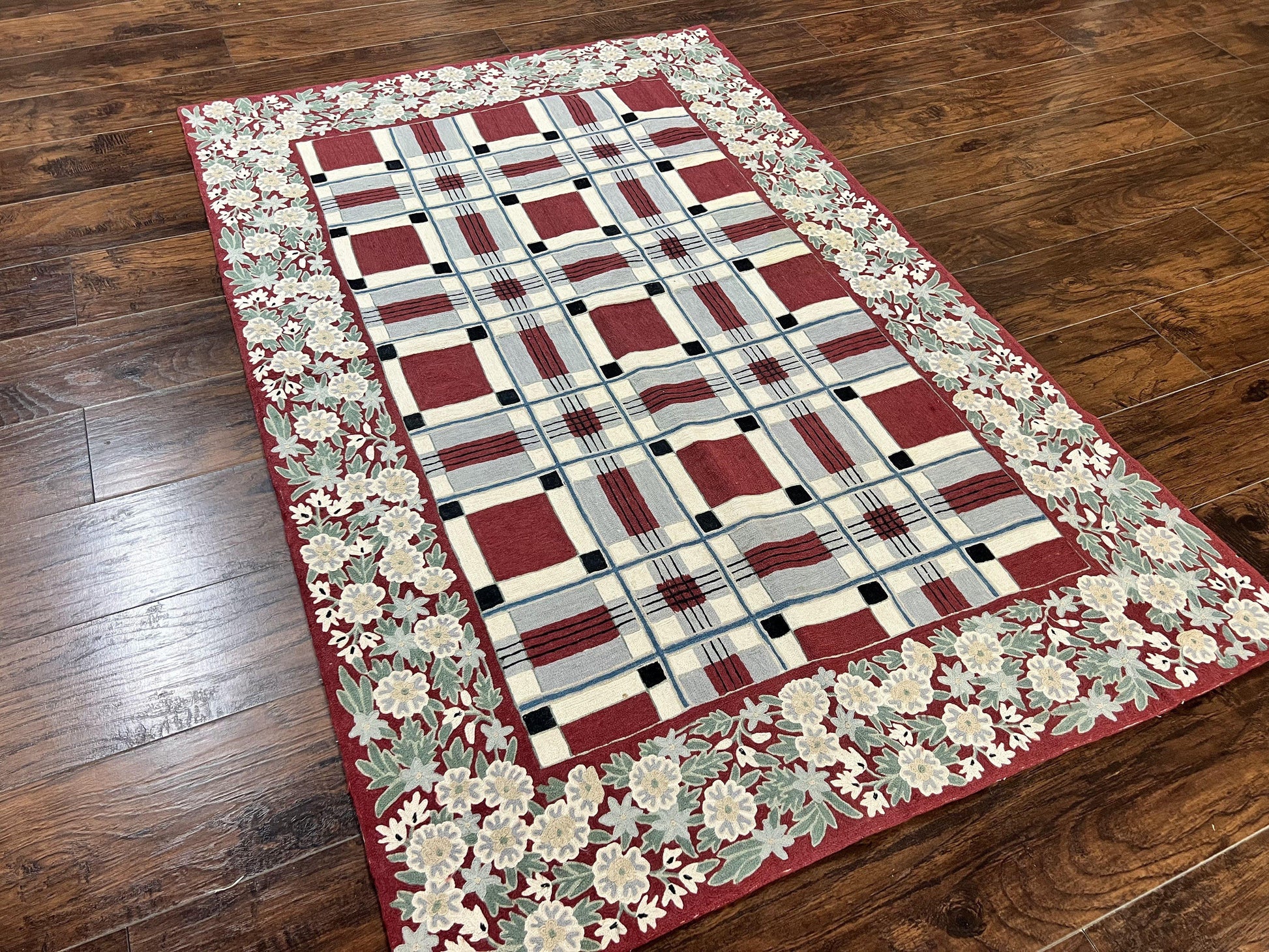 Indian Hand Stitched Rug 4x6, Vintage Carpet, Checkerboard Floral Pattern, Maroon Ivory, Flatweave, Wool - Nuvé