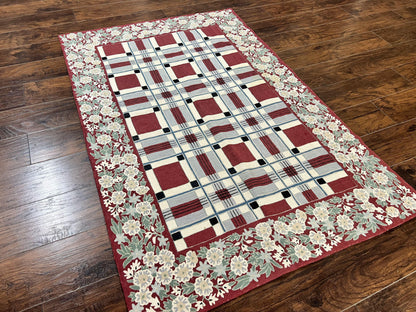 Indian Hand Stitched Rug 4x6, Vintage Carpet, Checkerboard Floral Pattern, Maroon Ivory, Flatweave, Wool - Nuvé