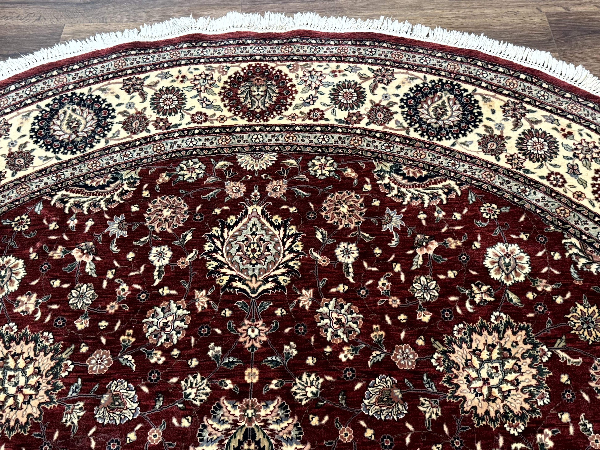 Round Sino Persian Rug 9x9, Burgundy and Cream, Floral, Wool and Silk, 9ft Round Carpet - Nuvé