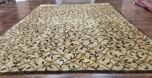 Vintage Tibetan Nepalese Area Rug 9x12, Wool Hand-Knotted, Beige Nepali Soft Pile Carpet, 9 x 12 Living Room Modern Dining Room Rug - Nuvé