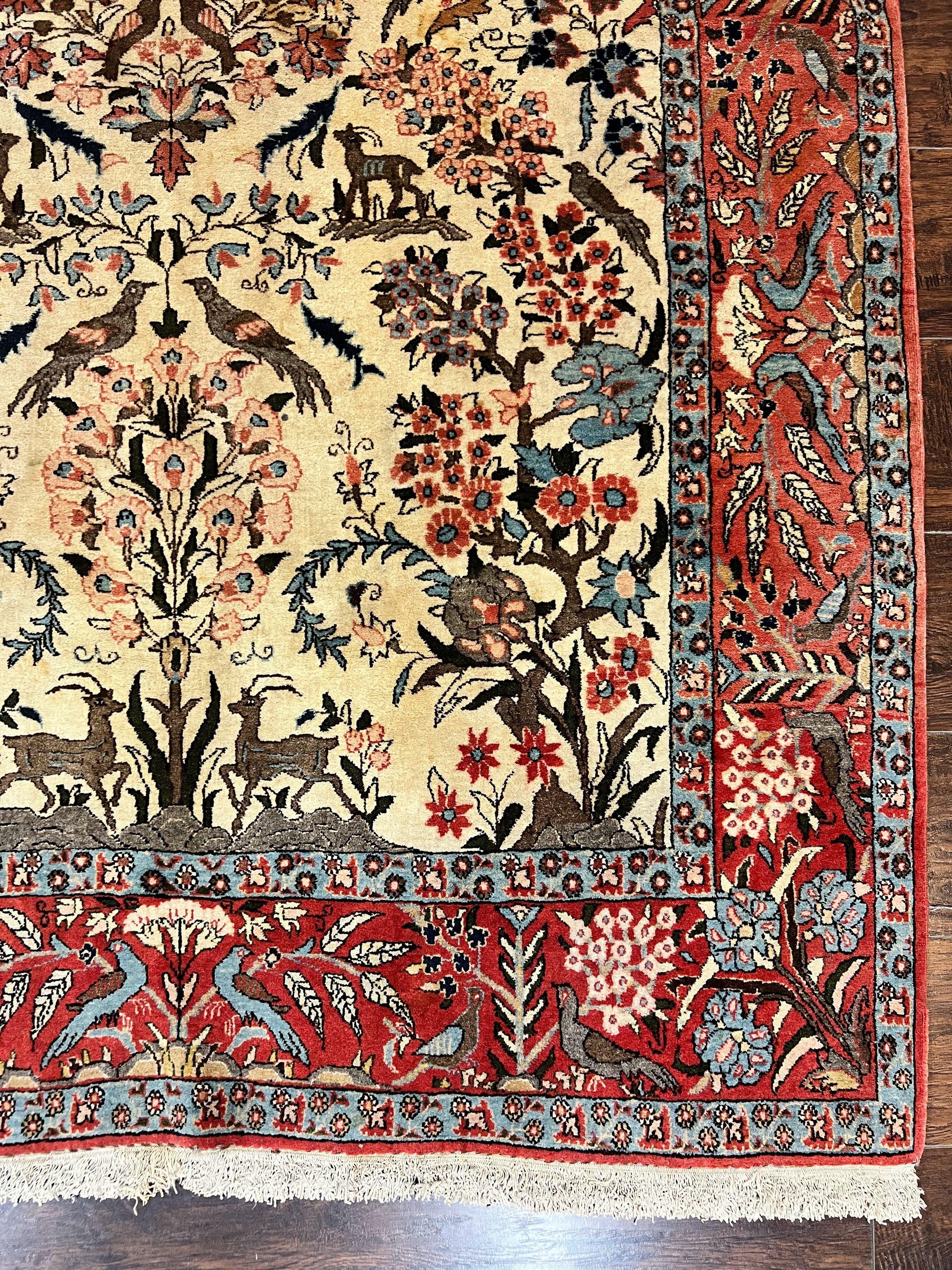 Persian Tree of Life 5x7, Qum Rug, Animal Motifs, Deer Birds, Fine 225 KPSI, Semi Antique Vintage Handmade Wool Rug, Cream Red - Nuvé