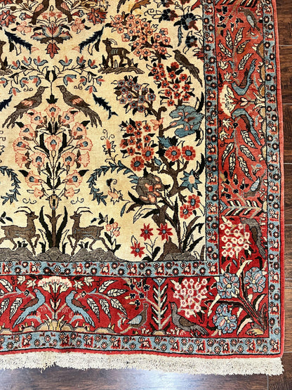 Persian Tree of Life 5x7, Qum Rug, Animal Motifs, Deer Birds, Fine 225 KPSI, Semi Antique Vintage Handmade Wool Rug, Cream Red - Nuvé
