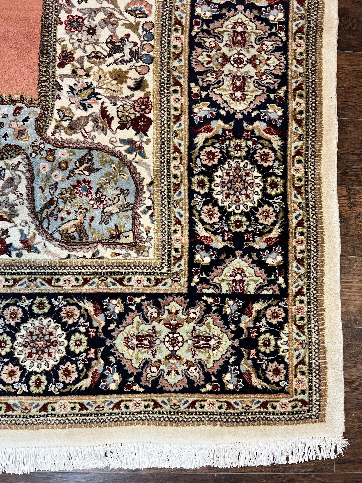 Persian Tabriz Rug 10x13, Wool Hand Knotted Vintage Carpet, Salmon Red & Ivory, Semi Open Field, Birds & Animal Motifs, Large Rug - Nuvé