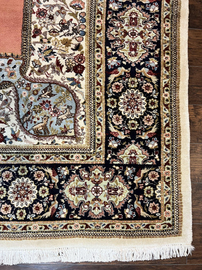 Persian Tabriz Rug 10x13, Wool Hand Knotted Vintage Carpet, Salmon Red & Ivory, Semi Open Field, Birds & Animal Motifs, Large Rug - Nuvé