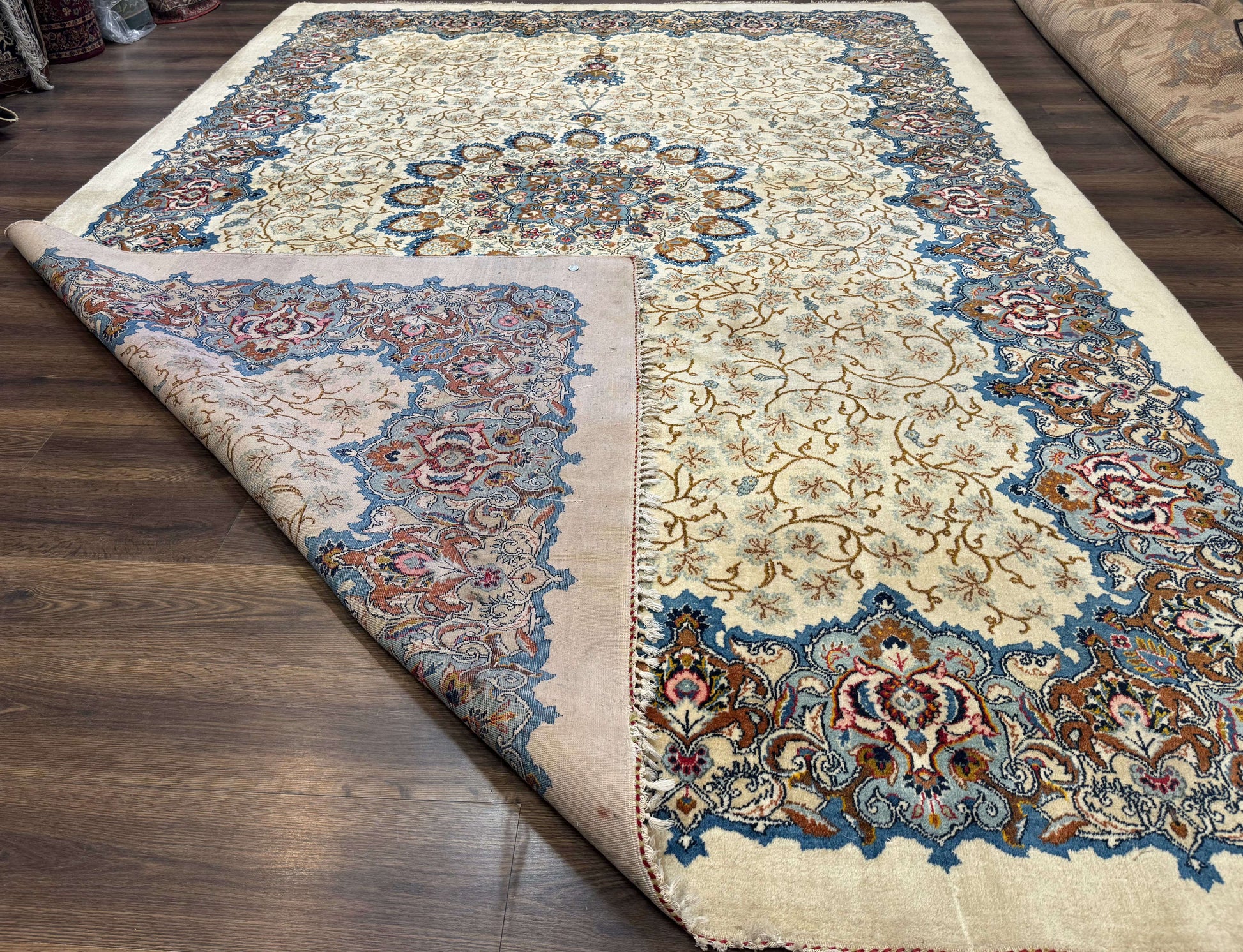 Persian Kashan Rug 9 x 12.6, Ivory and Blue, Floral Medallion, Wool Hand Knotted Semi Antique Carpet - Nuvé