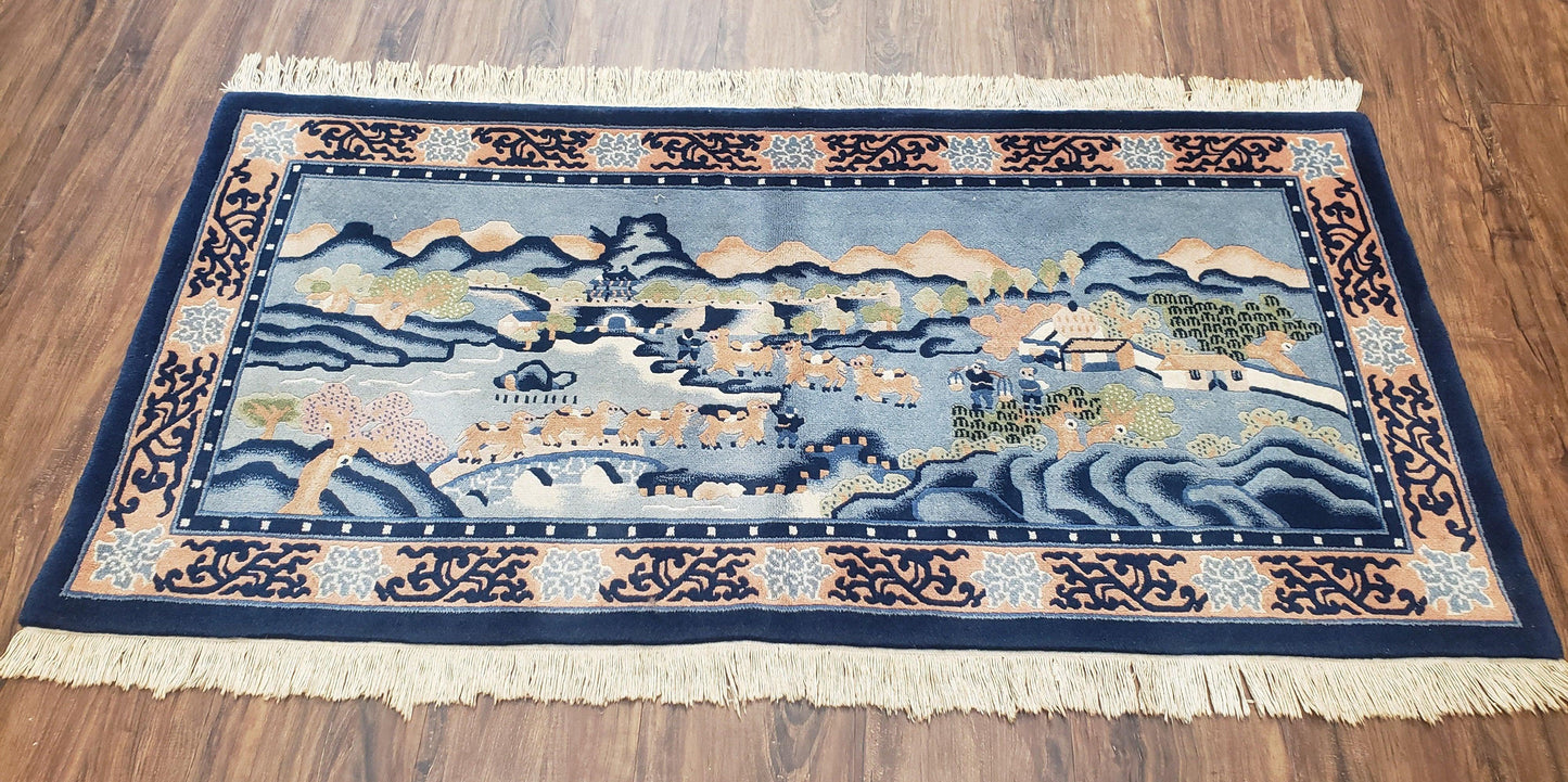 Vintage Chinese Pictorial Rug 2'4" x 4' 7", Chinese Village, Wool Hand-Knotted Blue & Teal Fine Carpet, Tapestry Rug, Woven Wall Art - Nuvé