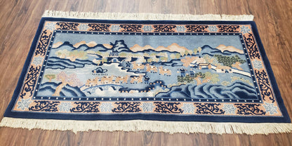 Vintage Chinese Pictorial Rug 2'4" x 4' 7", Chinese Village, Wool Hand-Knotted Blue & Teal Fine Carpet, Tapestry Rug, Woven Wall Art - Nuvé