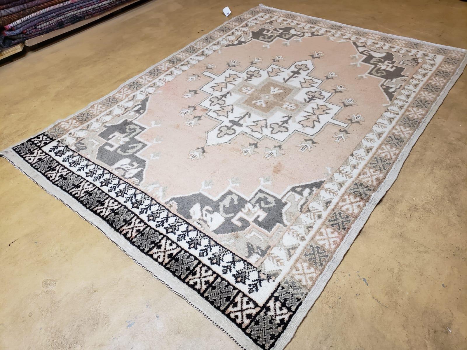 Antique Moroccan Rug 5x7 Tribal Carpet, Hand-Knotted Soft Wool Pile, 5 x 7 Area Rug, Berber Rug, Geometric Open Field Medallion, Pink Ivory - Nuvé