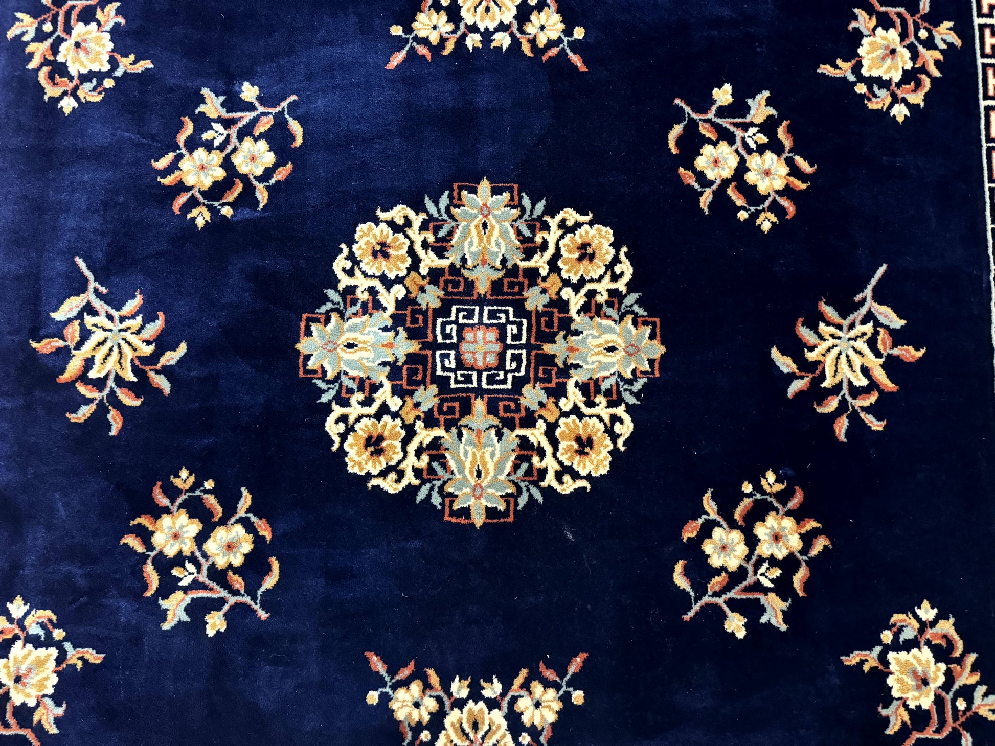 Chinese Wool Rug 8x11, Navy Blue and Terracotta, Floral, Couristan Belgium Power Loomed Carpet - Nuvé