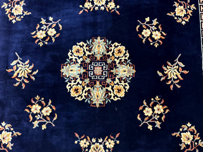 Chinese Wool Rug 8x11, Navy Blue and Terracotta, Floral, Couristan Belgium Power Loomed Carpet - Nuvé