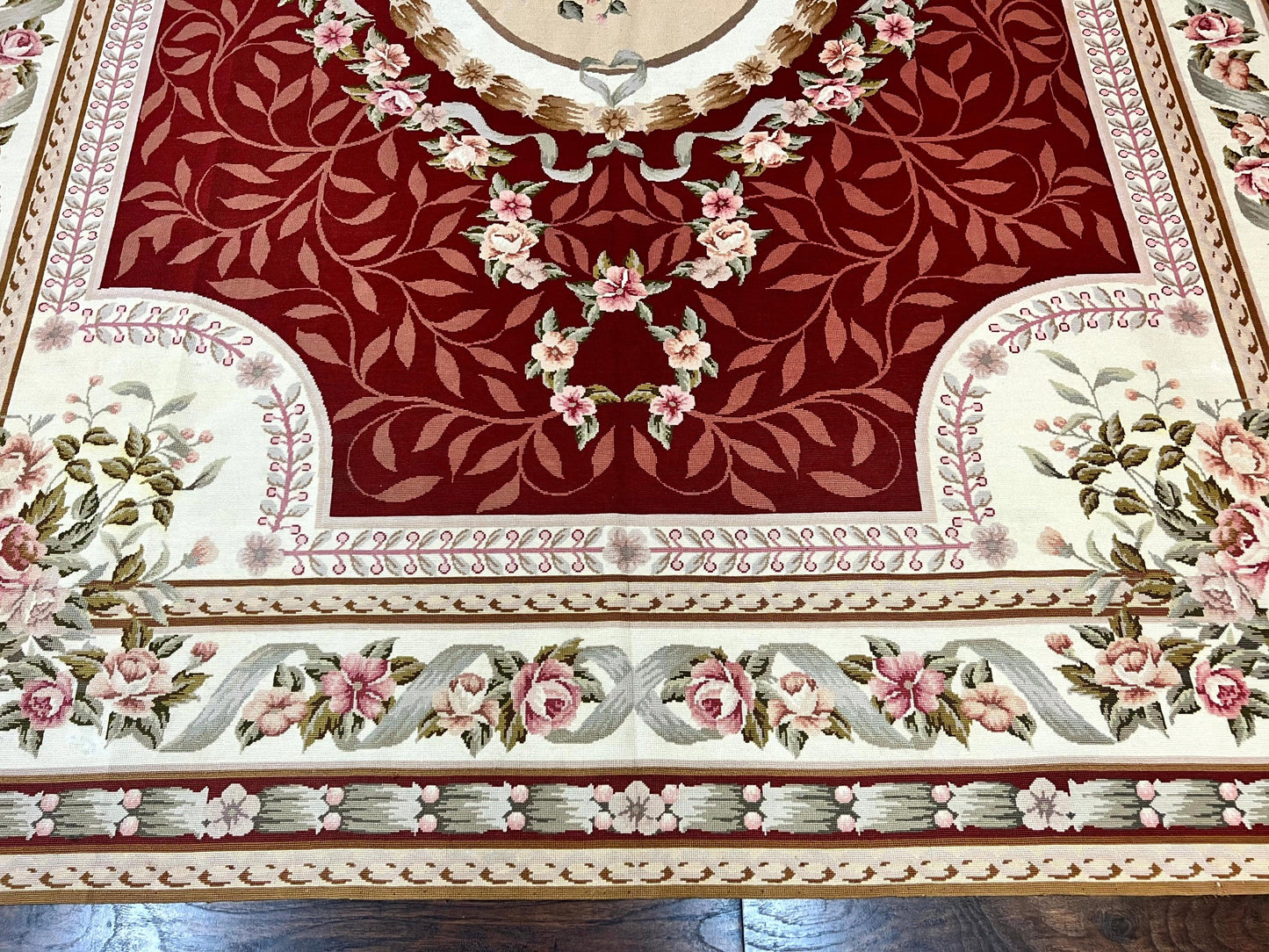 Wonderful Aubusson Rug 9x12, Handmade Vintage Needlepoint Carpet, Red and Ivory, Elegant European Design, Wool - Nuvé