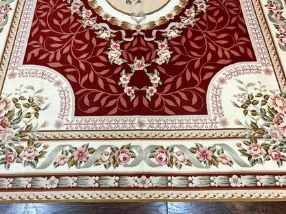 Wonderful Aubusson Rug 9x12, Handmade Vintage Needlepoint Carpet, Red and Ivory, Elegant European Design, Wool - Nuvé