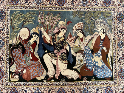 Persian Pictorial Rug 5 x 4 ft, Persian Isfahan Rug, Kork Wool on Silk Foundation, Signature from Master Weaver, Drums and Musical Instruments, Birds, Detailed