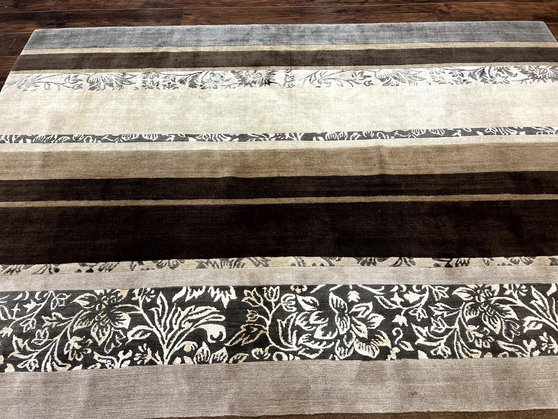 Modern Tibetan Nepali Rug 8x12, Stripe Pattern, Wool with Silk Highlights, Handmade, Beige Tan Brown - Nuvé