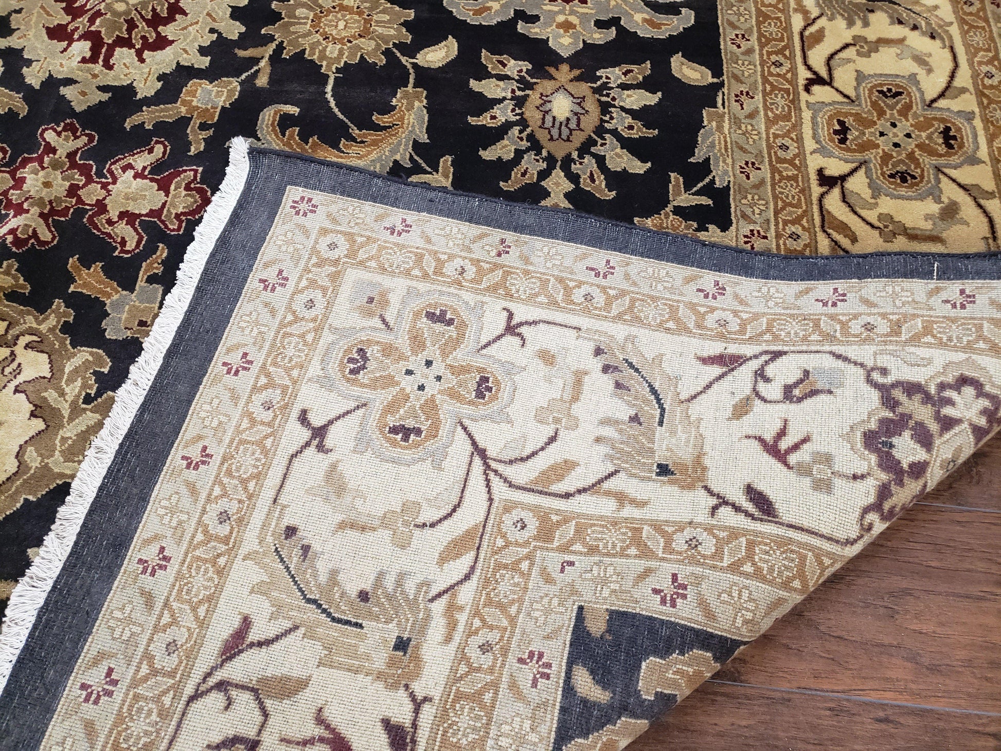 Indo Mahal Rug 8x12, Indian Sultanabad Handmade Area Rug, Vintage Hand-Knotted Wool Black Floral Traditional Oriental Dinning Room Rug - Nuvé