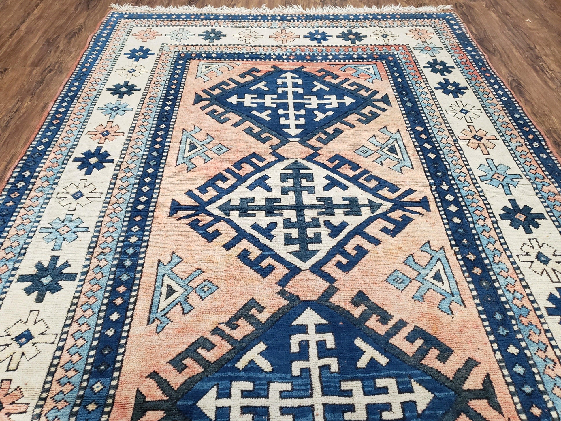 Turkish Kazak Rug 5x8 ft, Bold Geometric Bohemian Carpet, Blue and Ivory Hand Knotted Area Rug, Medium Sized High Quality Wool Oriental Rug - Nuvé
