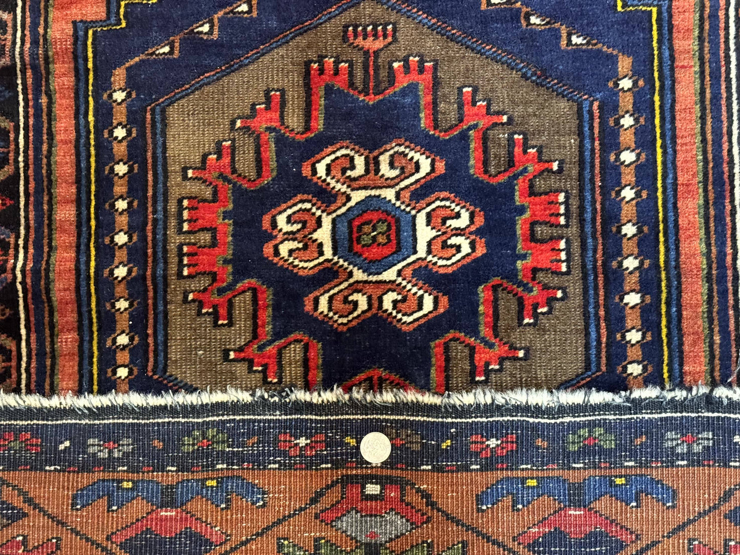 Persian Rug 3x6, Geometric Medallion, Village Tribal Rug, Terracotta and Navy Blue, Antique Nahavand Hamadan Rug - Nuvé