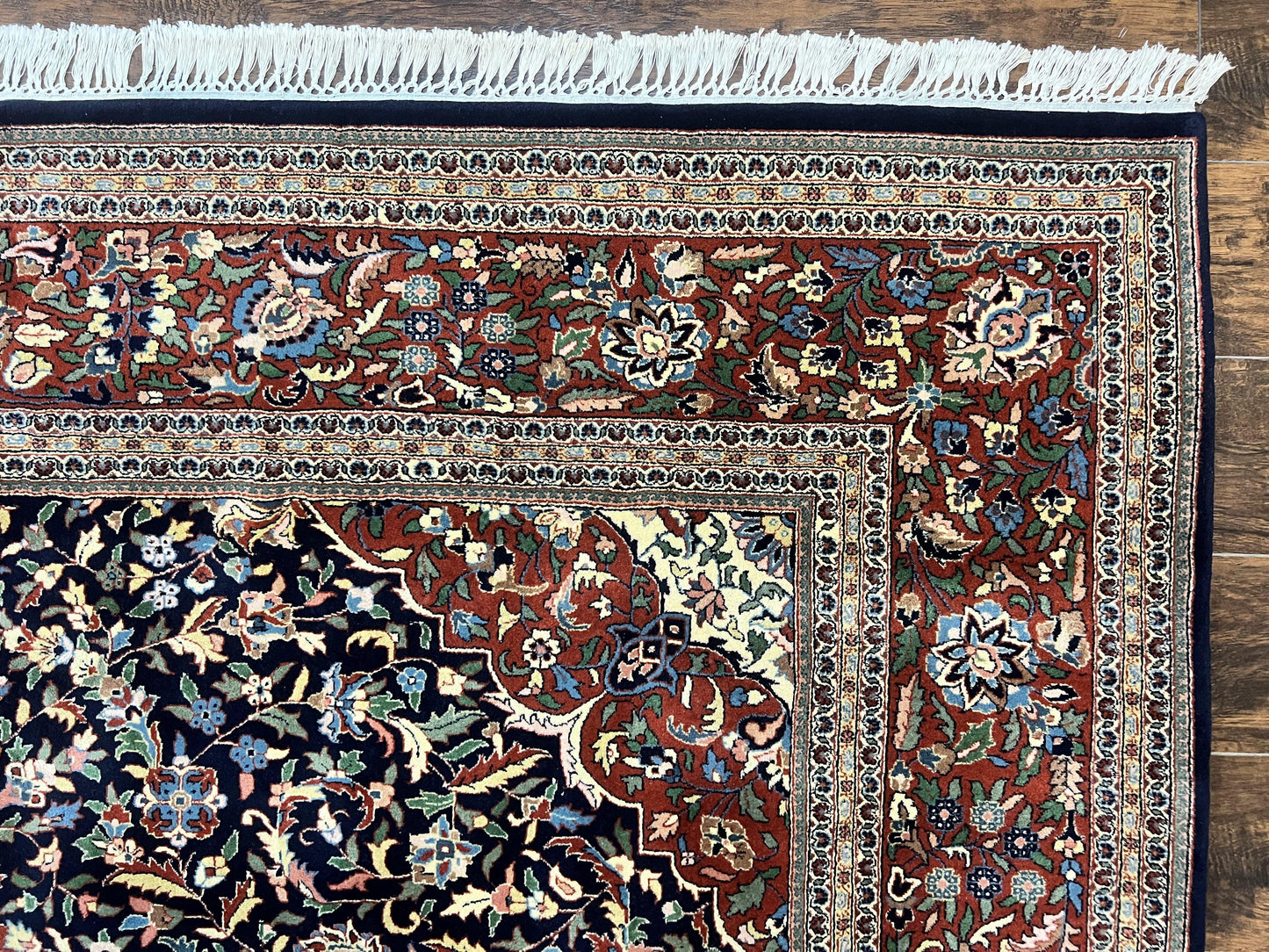 Indo Persian Rug 8x10, Floral Medallion, Vintage Handmade Wool Carpet, Navy Blue and Red, Fine 300 KPSI - Nuvé