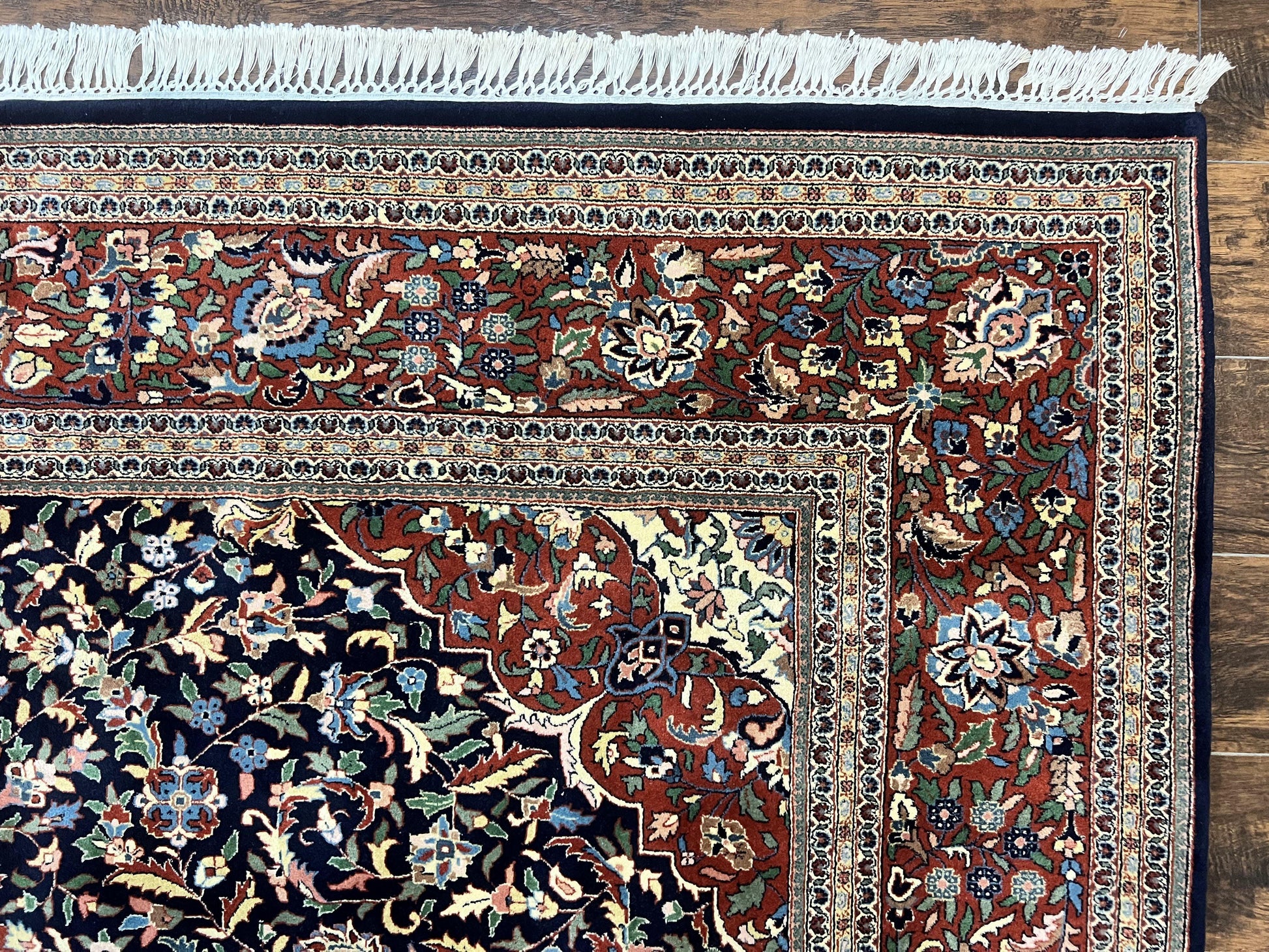 Indo Persian Rug 8x10, Floral Medallion, Vintage Handmade Wool Carpet, Navy Blue and Red, Fine 300 KPSI - Nuvé