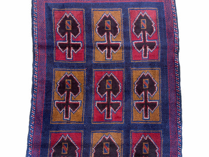 2' 9" X 4' 5" Vintage Handmade Tribal Wool Rug Balouchi Afghan Rug Blue Red 3x5