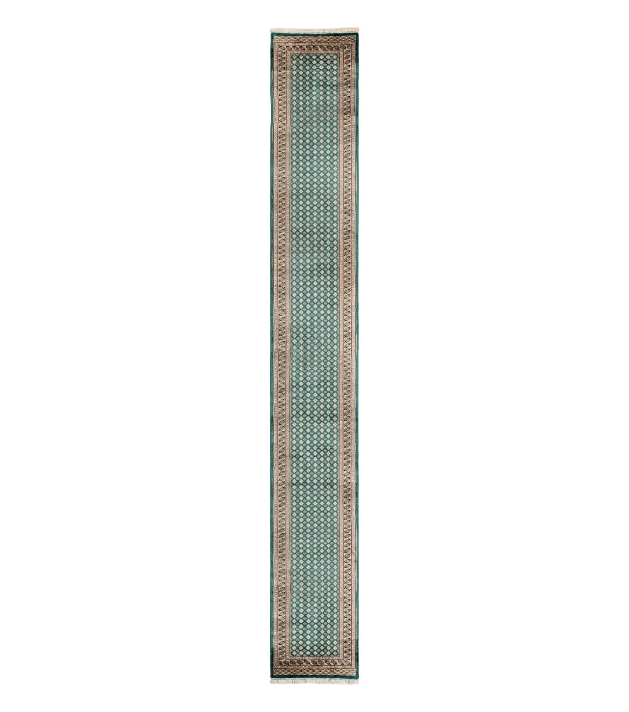 Long Pakistani Runner Rug 2.8 x 20, Hand Knotted Vintage Wool Hallway Rug, Turkoman Rug, Teal and Tan, Handmade Vintage Wool Runner
