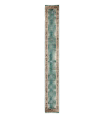 Long Pakistani Runner Rug 2.8 x 20, Hand Knotted Vintage Wool Hallway Rug, Turkoman Rug, Teal and Tan, Handmade Vintage Wool Runner