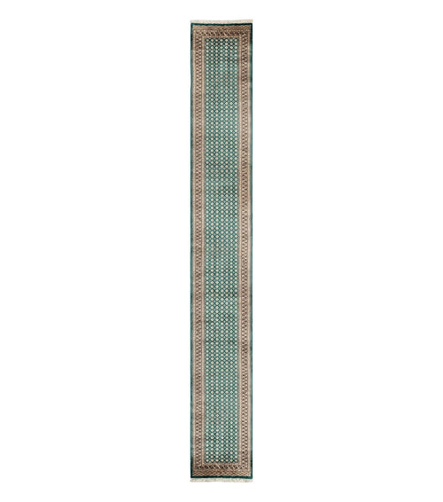 Long Pakistani Runner Rug 2.8 x 20, Hand Knotted Vintage Wool Hallway Rug, Turkoman Rug, Teal and Tan, Handmade Vintage Wool Runner
