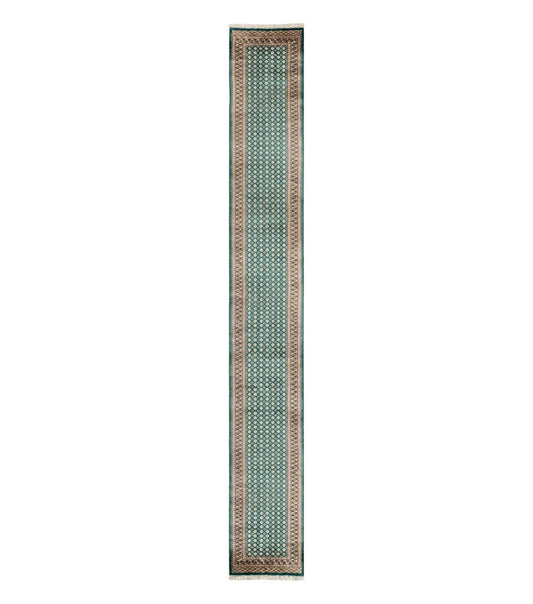 Long Pakistani Runner Rug 2.8 x 20, Hand Knotted Vintage Wool Hallway Rug, Turkoman Rug, Teal and Tan, Handmade Vintage Wool Runner