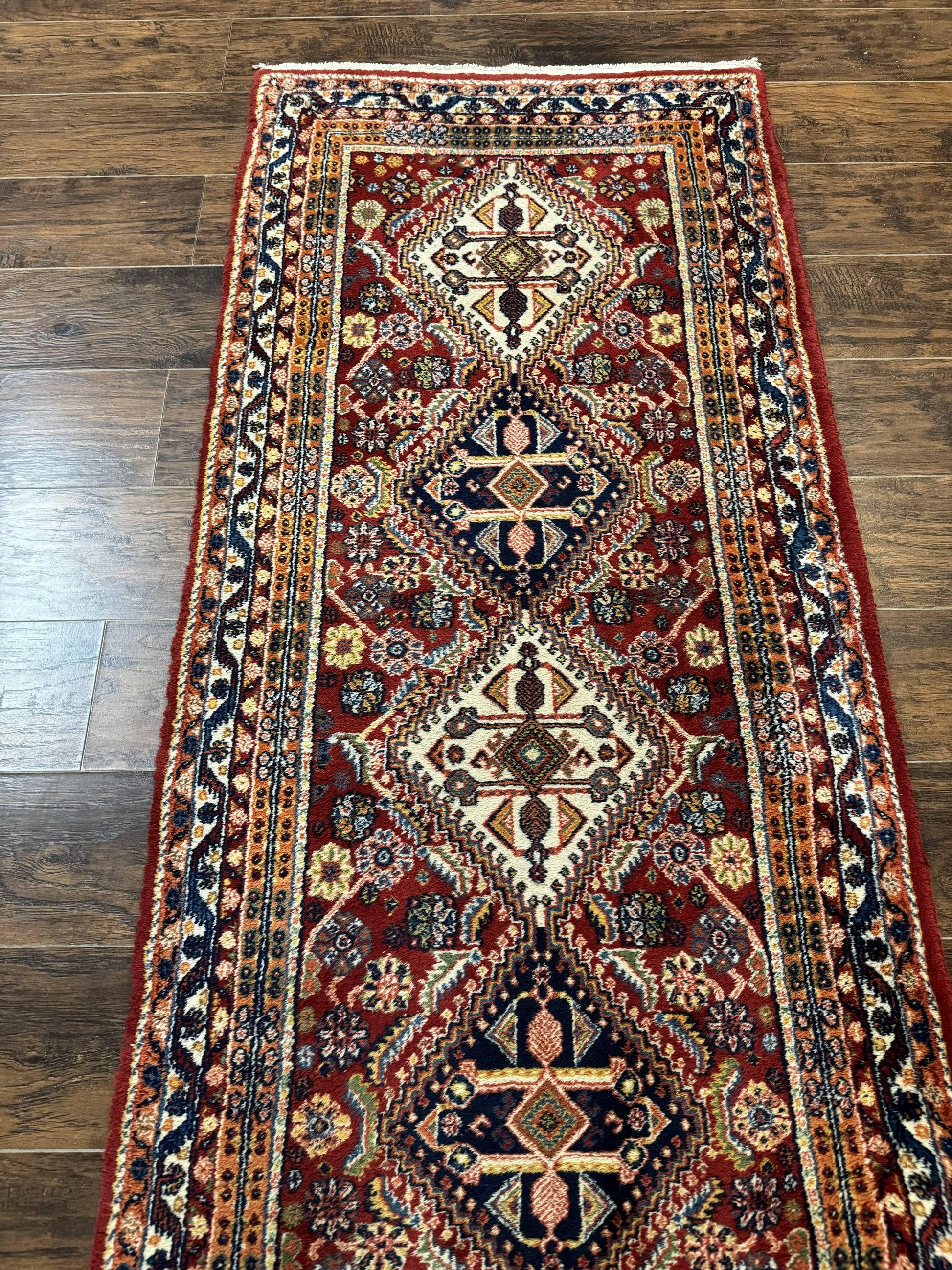 Antique Persian Qashqai Runner Rug 3 x 13 ft, Tribal Runner, Geometric Medallions, Red Ivory Blue, Wool - Nuvé