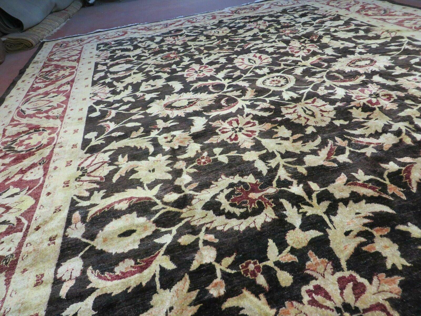 11' X 15' Vintage Hand Knotted Indian Agra Wool Rug Hand Made Dark Brown Floral - Nuvé