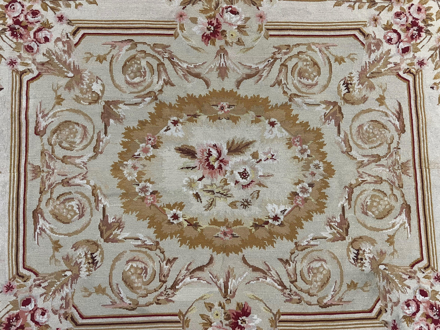 Aubusson Needlepoint Rug 4x5 ft, Beige and Tan, Aubusson Savonnerie Vintage Carpet, Handwoven Handmade Wool Rug, European Design Floral Rose - Nuvé