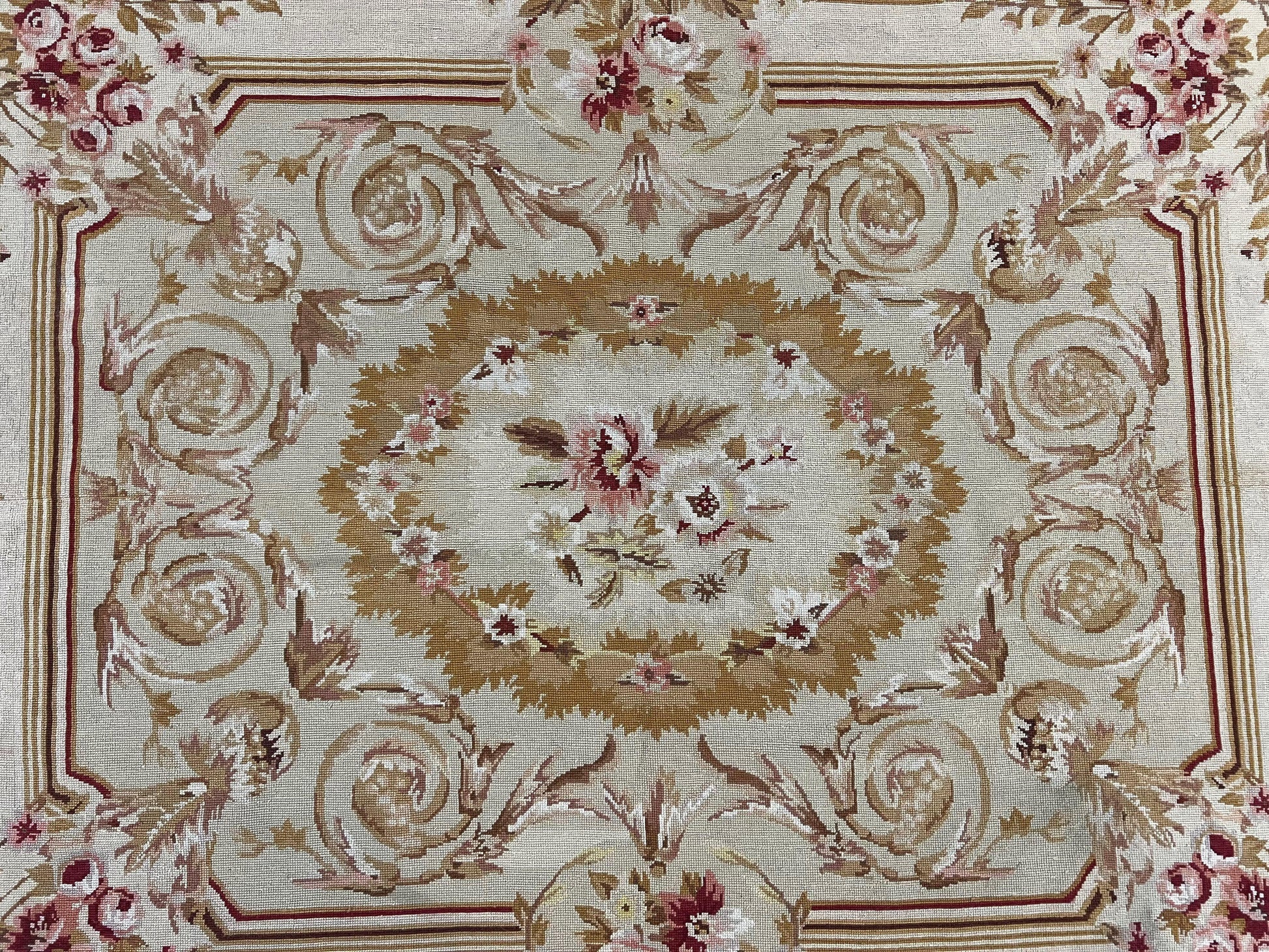 Aubusson Needlepoint Rug 4x5 ft, Beige and Tan, Aubusson Savonnerie Vintage Carpet, Handwoven Handmade Wool Rug, European Design Floral Rose - Nuvé